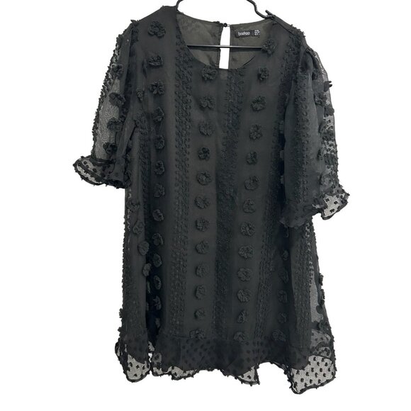 Boohoo Black Textured Polka Dot Floral Sheer Tunic Dress Sz 18 Whimsigoth Fairy - Picture 1 of 9